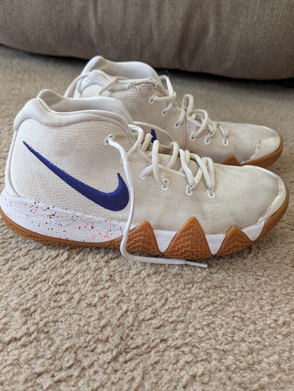 Nike Kyrie 4 " Mens White High-Top Sneakers with Blue Swoosh and Gum Outsole